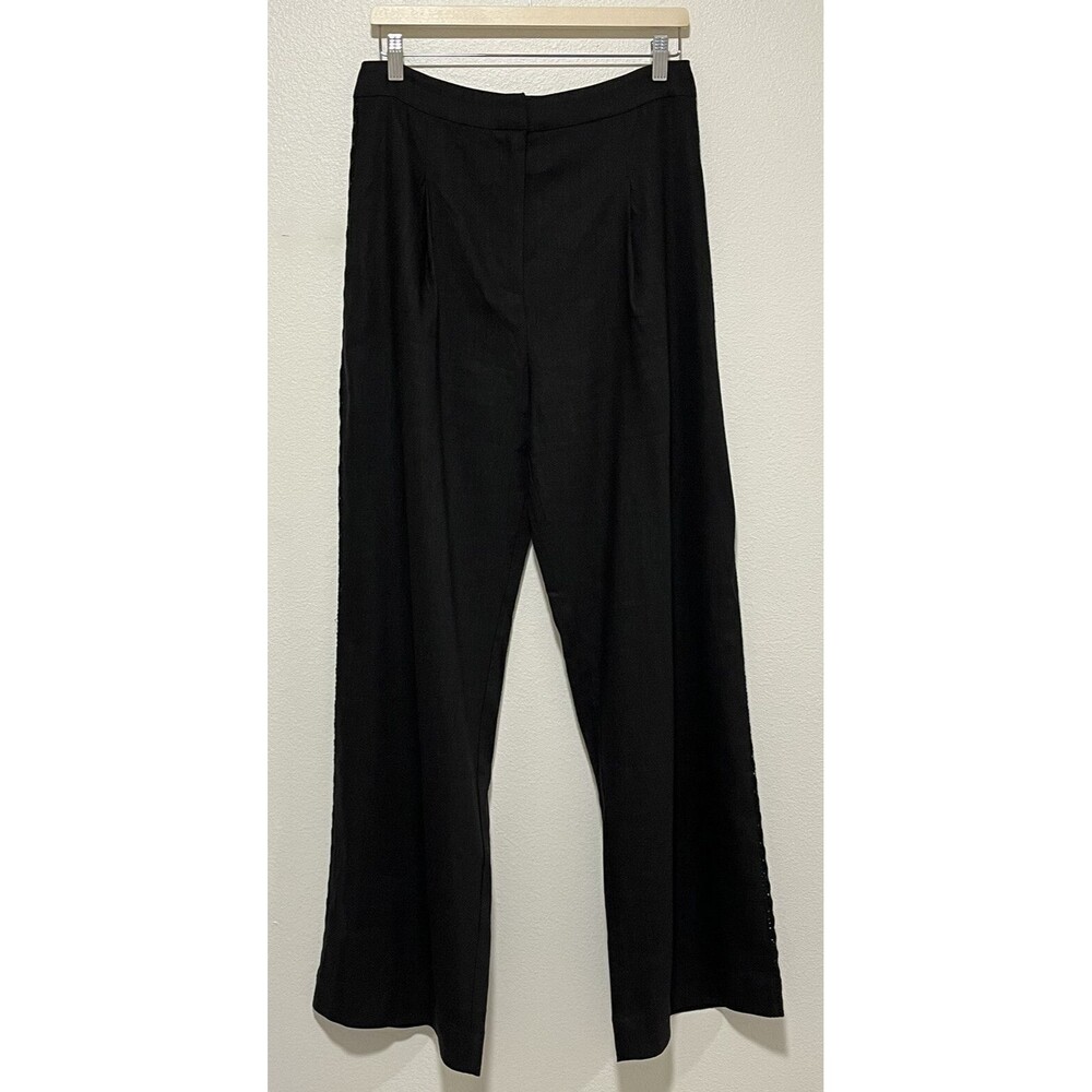 Jason Wu Lace Trim High Waisted Linen Wide Leg Pants Black Large Trouser Modern